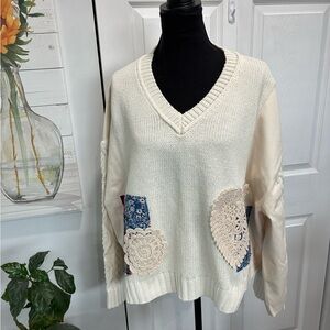 POL Cream V-Neck Sweater with Lace and Denim Accents